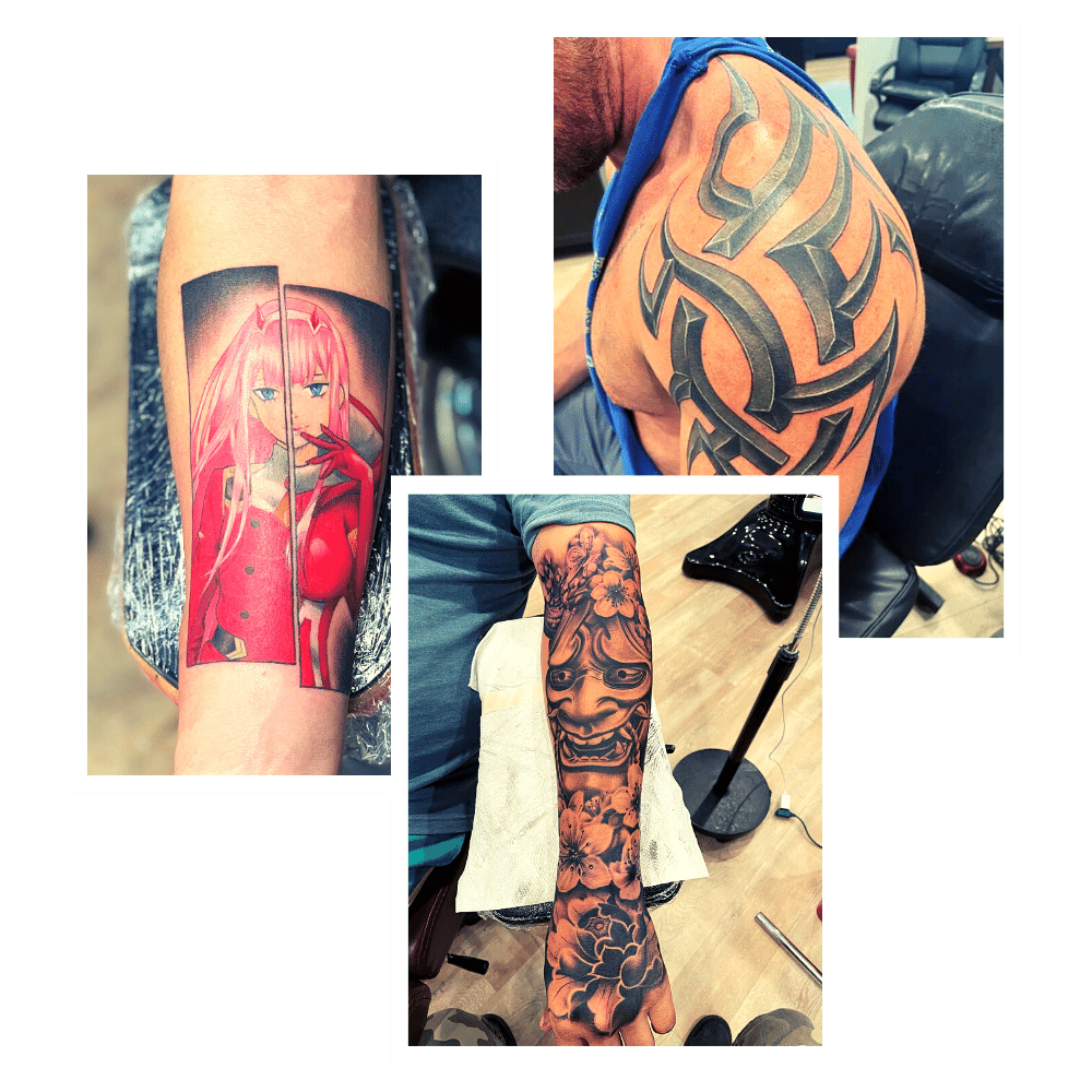 collage of multiple tattoo designs